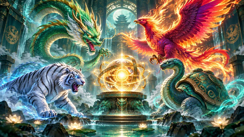 Quatro guardiões míticos em torno de um artefato dourado no slot Mythical Guardians da PG SOFT